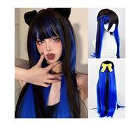 Perruques Perruque noire mélangée bleue avec frange 80 cm de long perruque de cheveux raides perruque cosplay droite synthétique respirante fibre résistante à la chaleur perruque fête Halloween utilis