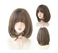 Perruques Perruque noire naturelle perruques courtes perruques droites avec frange brun rose cheveux synthétiques for les femmes Cosplay quotidien perruque résistante à la chaleur Perruque(15.7inch 40