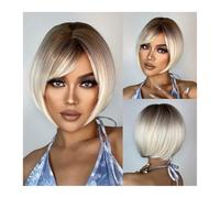 Perruques Perruque synthétique courte Bob Blonde platine Ombre Perruques droites avec frange for femmes noires Afro Résistant à la chaleur Cosplay Cheveux quotidiens Perruques pour Femmes