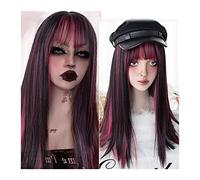 Perruques Perruque synthétique de cheveux longs raides, perruque rouge noire droite avec frange Perruque synthétique naturelle respirante et résistante à la chaleur for cosplay quotidien Perruque dame