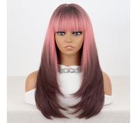 Perruques, Perruque synthétique longue brun roux rose avec frange et boucle intérieure,Perruques en cheveux humains