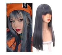 Perruques Perruque synthétique longue et droite avec frange, perruque droite bleu mélangé gris foncé for femmes filles, perruque de cosplay de fête quotidienne à l'aspect naturel Perruque