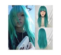 Perruques Perruque synthétique longue et lisse bleu-vert avec frange for femme, perruque de cosplay duveteuse for fête Perruques en Dentelle