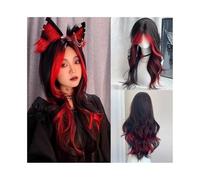 Perruques Perruque synthétique longue ondulée noire ombrée avec mèches rouges et raie au milieu for femme Perruque dames
