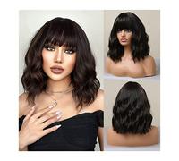 Perruques Perruques Bob Courtes avec Frange, Noir Mixte Couleur Marron Perruque Courte Bob Ondulée Naturelle Réaliste Perruques en Fibres Synthétiques Résistantes à la Chaleur avec Frange for Femme Pe