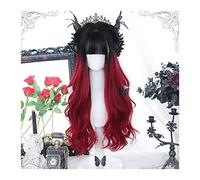 Perruques Perruques bouclées noires rouges avec une frange for les femmes Perruques synthétiques bouclées à longue vague rouge avec une frange Perruques de cheveux doux résistants à la chaleur d'aspec