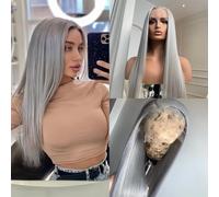 Perruques, Perruques de cheveux humains avant de dentelle droite blonde platine blanche 13x4 HD transparentes 180% densité perruques avant de dentelle,Perruques en cheveux humains(Gray,22 Inch)