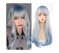 Perruques Perruques synthétiques blanches argentées avec frange longues ondulées naturelles for femmes Blue Roots Ombre Silver White Perruques en fibres résistantes à la chaleur for le cosplay quotidi