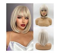Perruques Perruques synthétiques droites courtes avec frange Perruques Bob courtes Cheveux synthétiques naturels dorés cendrés for femmes Perruques en fibres résistantes à la chaleur Cosplay quotidien