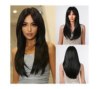 Perruques Perruques synthétiques longues ondulées perruques en couches noires avec frange for les femmes Afro fête Cosplay cheveux résistant à la chaleur perruque féminine naturelle Perruque dames(Col