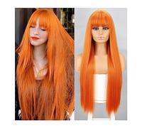 Perruques Perruques synthétiques Orange longues perruques droites avec frange for les femmes rose rouge Cosplay fête usage quotidien cheveux naturels Perruque