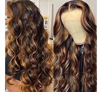 Perruques pour femmes Cheveux humains Highlight Ombre T Part Lace Front Perruque Vague Bouclés Brésiliens Remy Perruques for Les Femmes Noires Pré Pincées 8-34 Pouce Corps(150%,28inches)