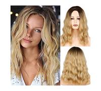 Perruques pour femmes Court Bouclés Ombre Blonde Bob Perruques de Cheveux for Femmes Mode Synthétique Moyen Partie Perruque avec Brun Racines Moyen Long Ondulé Résistant À La Chaleur Fibre Perruque