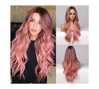 Perruques pour femmes Longue Ombre Rose Perruques Synthétiques for Femmes Partie Moyenne Ondulée Cosplay Perruques Perruque De Cheveux Naturels Résistant À La Chaleur Rose Rouge Perruque Perruques pou