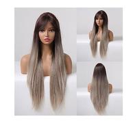 Perruques pour femmes Longue perruque synthétique Ombre marron gris avec frange droite Cosplay perruques naturelles for les femmes noires résistant à la chaleur faux cheveux