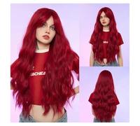 Perruques pour femmes Perruque d'Halloween complète à la mode avec frange à huit caractères dégradé rouge, cheveux longs et bouclés, grande vague Perruques(Raspberry Red)