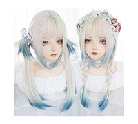 Perruques pour femmes Perruque droite à coloration irrégulière avec frange Blanc dégradé bleu longue perruque synthétique fille Cosplay Lolita perruque douce respirante résistante à la chaleur Perruqu