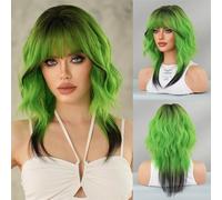 Perruques pour femmes Perruque queue de loup colorée for femme - Cheveux synthétiques doux et bouclés, résistants à la chaleur Perruque bouclée(Green)