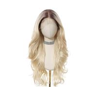 perruques pour femmes Perruque synthétique en dentelle blonde ombrée, racine foncée, partie centrale, cheveux longs ondulés, fibre résistante à la chaleur