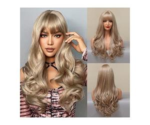 Perruques pour femmes Perruque synthétique marron cendré clair avec frange longue vague de corps for femme Perruques en fibre naturelle haute température for une utilisation quotidienne cosplay