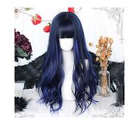 Perruques pour femmes Perruques noires bleues avec frange soignée for femmes, perruque de cheveux longs bouclés ondulés avec frange perruque de remplacement cosplay synthétique naturelle Perruque pour