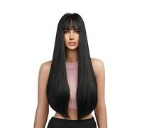 Perruques pour femmes Perruques synthétiques noires longues droites soyeuses Cosplay perruques de fête avec une frange for les femmes Afro quotidien naturel résistant à la chaleur faux cheveux