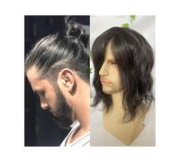 Perruques pour hommes Postiche en cheveux humains longs de 12 pouces for hommes, postiche ultra fin de 8 x 10 pouces avec base en peau PU complète, cheveux noirs 1B #, système de cheveux gris synthéti