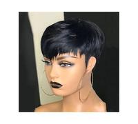 Perruques prêtes à porter Perruque courte brune, perruques de cheveux humains brun chocolat, courtes coupe Pixie avec frange pour les débu(Noir)