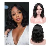 Perruques prêtes à porter Perruque courte ondulée en cheveux humains, densité 150, pré-épilée, noire, 20 à 40 cm, avec raie centrale T, for femme pour les débu(10inches)