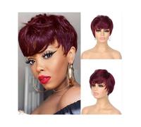 Perruques réalistes Perruque courte brune, perruques de cheveux humains brun chocolat, courtes coupe Pixie avec frange Coiffure Femme(Red)