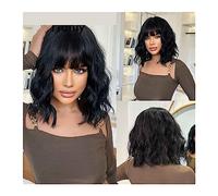 Perruques réalistes Perruque noire avec frange Perruques naturelles for femmes synthétique courte et ondulée Cheveux résistants à la chaleur Coiffure Femme