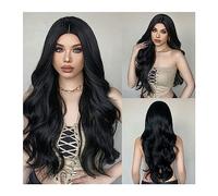 Perruques réalistes Perruque synthétique noire longue ondulée perruques de vague corps noir naturel for les femmes Afro Cosplay cheveux quotidiens partie centrale résistant à la chaleur Coiffure Femme