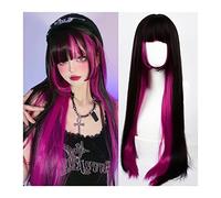 Perruques Rose rouge met en évidence perruque noire avec une frange perruques de cheveux longs et raides for femmes filles perruques synthétiques résistantes à la chaleur perruques de cosplay de fête