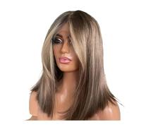 Perruques synthétiques à dentelle frontale, mèches blondes et brunes ombrées, racines foncées, sans colle, courtes et lisses, avec raie au milieu, for femmes Postiche Cheveux Femme(14inch)