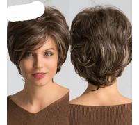 Perruques synthétiques courtes marron foncé, perruques naturelles droites en couches avec franges moelleuses pour femmes, cheveux résistants à la chaleur au quotidien-SS109-1
