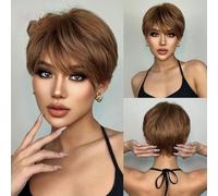 Perruques synthétiques courtes marron foncé, perruques naturelles droites en couches avec franges moelleuses pour femmes, cheveux résistants à la chaleur au quotidien-SS197-1