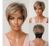 Perruques synthétiques courtes marron foncé, perruques naturelles droites en couches avec franges moelleuses pour femmes, cheveux résistants à la chaleur au quotidien-LC2020-11