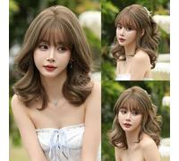 Perruques synthétiques courtes ondulées marron pour femmes, perruques quotidiennes pour fêtes, perruques synthétiques avec franges moelleuses, résistantes à la chaleur, Lolita Cosplay-D-143-1