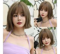 Perruques synthétiques courtes ondulées marron pour femmes, perruques quotidiennes pour fêtes, perruques synthétiques avec franges moelleuses, résistantes à la chaleur, Lolita Cosplay-D-141-1