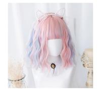 Perruques Synthétiques Double Couleur Bleu Rose 12 Pouces Avec Frange, Perruque Courte Naturelle Ondulée For Femmes, Usage Quotidien, Cosplay Résistant À La Chaleur Facile à Porter