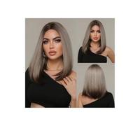 Perruques synthétiques longues et droites for femmes, perruque à reflets platine brun ombré avec racines foncées, cheveux résistants à la chaleur for cosplay Daily Use