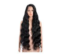 Perruques synthétiques longues ondulées avec dentelle frontale de 91 cm et cheveux de bébé, densité 130 Postiche Cheveux Femme(Black)