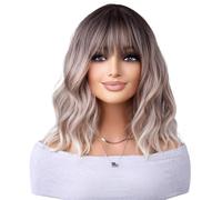 Perruques synthétiques mi-longues blondes ondulées for femmes, avec frange, for un usage quotidien Postiche Cheveux Femme(Ombre dark Blonde)