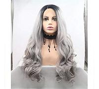 Perruques synthétiques ondulées à l'avant pour femme - Densité de 150 % - Rayonne - Gris foncé - Longueur moyenne sur le devant (66 cm)