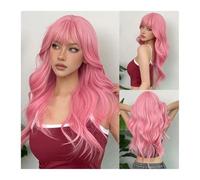 Perruques synthétiques ondulées longues rose clair avec frange for femmes blanches, perruque Afro Lolita Water Wave Halloween résistante à la chaleur Daily Use