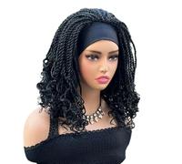 Perruques tressées avec bandeau, perruque sans colle, 14 pouces, cheveux synthétiques au crochet avec extrémités bouclées for femmes(Natural Black)