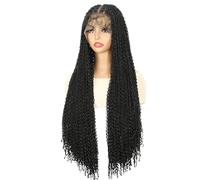 Perruques tressées Boho sans nœuds, 13x4 ''HD Lace Front longue perruque tressée synthétique for femmes Effet naturel et Volumineux(Black,20 inch)