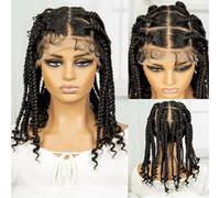 Perruques Tressées Full Lace HD Avec Extrémités Bouclées, Perruques Synthétiques Lace Front Tressées Sans Nœuds, Perruque De Cheveux Tressés En Boîte Pour Femmes Noires