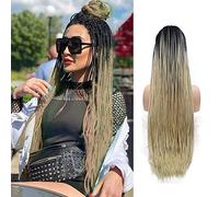 Perruques tressées noires pour femme noire - Longue perruque sans nœuds - Tresse à la main - Cheveux synthétiques sans colle - Résistante à la chaleur - Pour cosplay quotidien - 66 cm