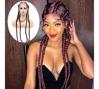 Perruques tressées rouges 99J pour femme noire, cheveux longs, raides et synthétiques sans colle, avec dentelle frontale, ligne de cheveux pré-épilée, sans nœuds, perruque réaliste avec cheveux de